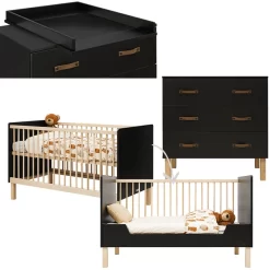 Bopita Babyzimmer Floris 2-teilig 70 X 140 Cm Umbaubar Mattschwarz / Natur Mit Wickelaufsatz