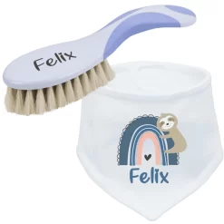 Schnullireich Geschenkset Mit Namen NUK Babybürste + Baby Halstuch (Junge) Blau