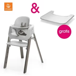 STOKKE® Steps™ Hochstuhl Weiß Buche Hazy Grey Inkl. Baby Set Weiß + Gratis Tray Weiß