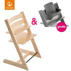 STOKKE® Tripp Trapp® Hochstuhl Buche Natur + Gratis Baby Set Storm Grey